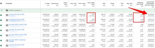 ROAS vs. realer Profit: In beiden Kampagnen wirkt die Performance auf den ersten Blick ähnlich, doch ROAS sagt nichts darüber aus, ob ein Shop tatsächlich Geld verdient.(Bild:  Pro Ads Marketing)