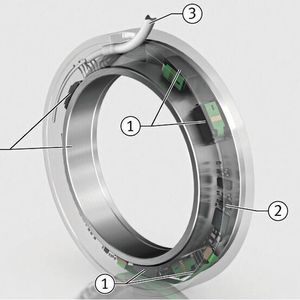 Aufbau des Überwachungssystems Schaeffler Spindlesense: 1 Abstandssensoren; 2 Auswerteeinheit; 3 Anschlusskabel.