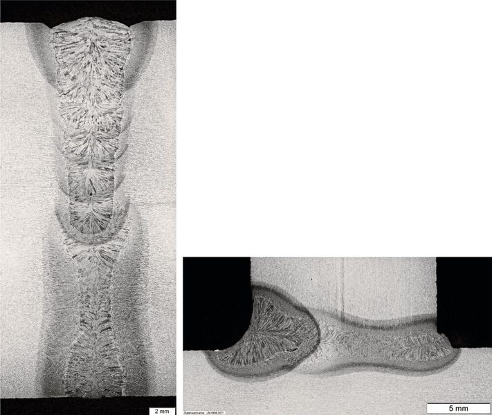 Die Querschliffe einer per Laser-MES erzeugten Stumpfstoßverbindung und einer T-Stoßverbindung zeigen die Nahtqualitäten, die sich mit reduziertem Kosten- und Ressourceneinsatz herstellen lassen. (Bild: Fraunhofer IWS)