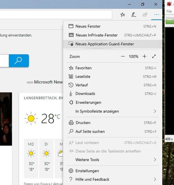 Anwender können auch manuell in Microsoft Edge ein neues Sitzungsfenster öffnen. Dazu wird die Option „Neues Application Guard-Fenster“ ausgewählt. (Th. Joos)