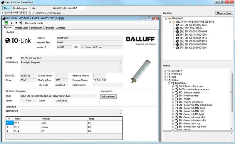 Allgemeine Informationen zu den IO-Link-Geräten. Das Bild zeigt beispielhaft die Geräteinformationen der Balluff Smart Light. (Bild: Balluff)