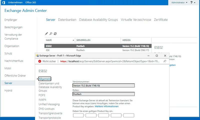 Das lokale Exchange Admin Center führt die Postfachserver mit Versionsnummer und Build-Stand, ab Cumulative Update 2 der Subscription Edition gilt je Organisation eine einzige unterstützte Hauptversion. (Bild: Joos - Microsoft)