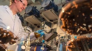 Marcell Nikolausz testet im Labor, wie die Biogasproduktion über die Fütterungsfrequenz gesteuert werden kann. (Bild: UFZ/André Künzelmann)