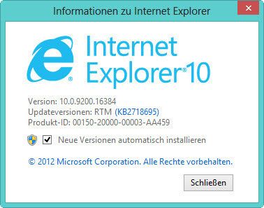 Der Internet Explorer 10 in Windows 8 kann unabhängig von Windows-Updates eigene Aktualisierungen installieren. Die Einstellung dazu ist über das Zahnradsymbol und der Auswahl von Info zu finden. (Bild: Archiv)