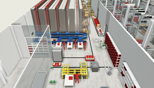 (Digitaler Zwilling einer Lagerhalle inklusive fahrerloser Transportsysteme. Bild: F.EE GmbH)