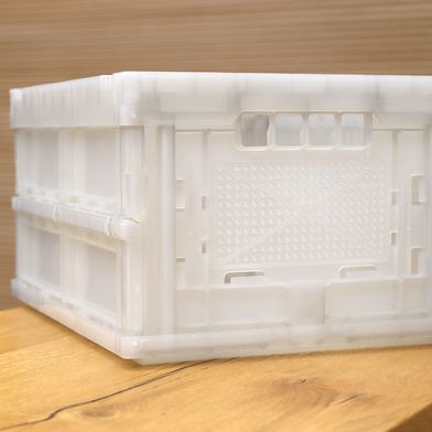 Échantillon d'essai d'une boîte pliable Walther fabriquée en MBRC Ocean Plastic (Bild: Walther)