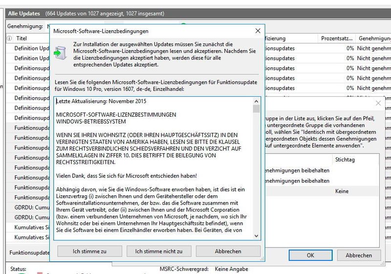 Über den Menüpunkt Alle Updates stehen auch Windows-Upgrades zur Verfügung, also die Möglichkeit auch Funktionsupdates auf Windows 10-Rechnern durchzuführen. Bei manchen Updates, wie die Aktualisierung zu Windows 10 Version 1607 müssen zentral die Lizenzbedingungen bestätigt werden. (Thomas Joos)