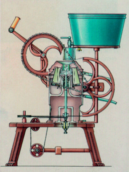 1893 fertigten Franz Ramesohl und Franz Schmidt am Standort Oelde handbetriebene Zentrifugen, die als Milchschleudermaschinen Modell „Westfalia“ zum Patent angemeldet wurden. (Gea)
