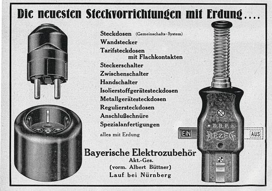 Bild 2: Werbeanzeige der Bayerischen Elektrozubehör AG für Schuko-Steckdosen von 1930. (Bild:  ETZ (1930) H. 46, Beilage Mitteilung der AEG, S. 32.)