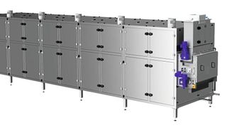 Secador de cinta de diseño modular de Harter para el secado energéticamente eficiente de lodos de depuradora. Las instalaciones pueden configurarse de forma flexible con entre 1 y 10 módulos, en función del volumen de lodos o del caudal; en la imagen se muestra una instalación con cinco módulos. (Imagen:Más duro)
