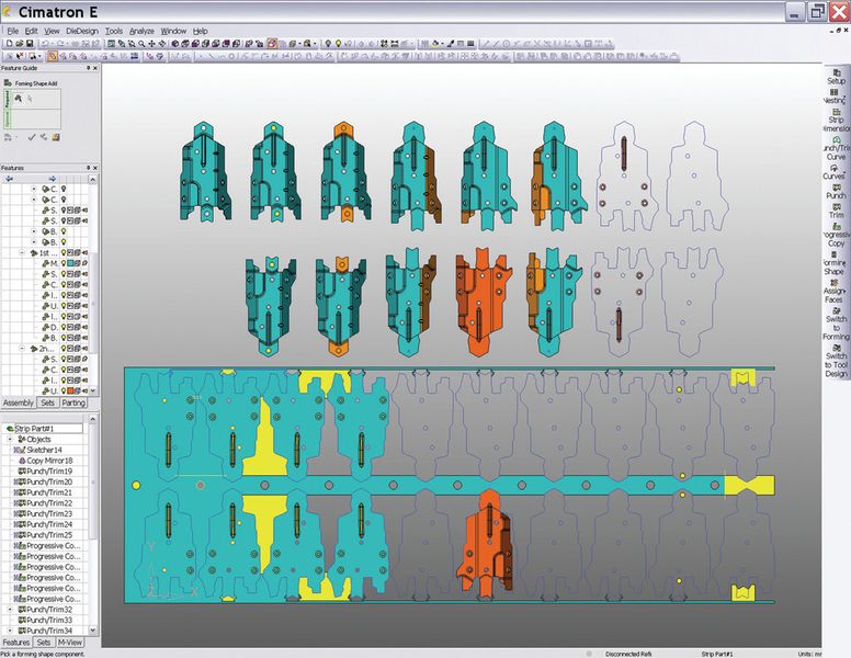 Grafisch interaktiv erfolgt die Zusammenstellung des Streifenlayouts.  Die zuvor erzeugten Geometrien der einzelnen Umformstufen werden in den Streifen kopiert. Im Bild gelb markiert erkennt man die Flächen, die freigeschnitten werden. (Bild: Cimatron)