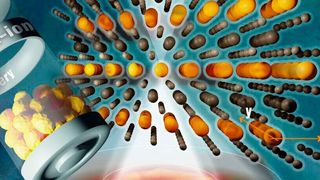 Tritt ein STEM-Elektronenstrahl (weiß) durch die Anordnung der Atome in Lithium-Nickel-Oxid (Bildmitte), so entsteht ein Bild (unten), aus dem auf die Lage der Atome zurückgerechnet werden kann. Das untersuchte Material könnte auf der Kathodenseite von Batterien eingesetzt werden (links symbolisiert). (JLU)