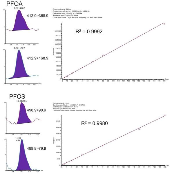 Abb. 3: Chromatogramme der Quantifier- und Qualifier-Massenübergänge von PFOA und PFOS mit einem Dotierlevel von 2,5 ng/L sowie Kalibriergeraden in den vorgegebenen Berichtsgrenzen. (Waters)