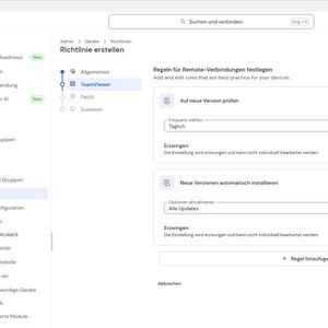 Im TeamViewer-Schritt der Richtlinie erzwingt der Administrator die tägliche Versionsprüfung und die automatische Installation neuer Versionen.(Bild:  Joos - TeamViewer)