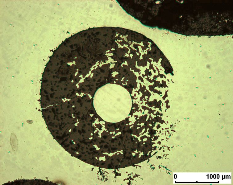 Bild 7: Die Hohlspaghetti aus Zirkonoxidkeramik (dunkel) wurde mit Stahl (hell) infiltriert. (D. Müller/TU Freiberg)