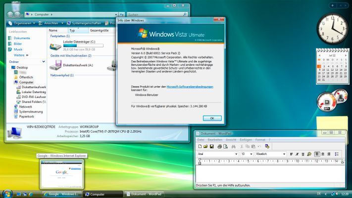 Der Desktop von Windows Vista (hier in der Ultimate-Fassung mit installiertem Service Pack 2). Auch wenn Microsoft die Performance- und Stabilitätsprobleme des Systems mit der Zeit in den Griff bekam, blieben viele Nutzer lieber beim bewährten Windows XP - oder stiegen später direkt auf Windows 7 um. (Screenshot/Microsoft)