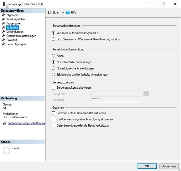 Serverauthentifizierung und Überwachung in den Eigenschaften einer SQL-Instanz überprüfen. (Joos)
