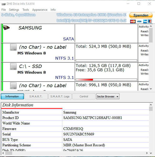 Die Freeware Drive Info zeigt ebenfalls Daten von Festplatten an. (Joos/Drive Info)