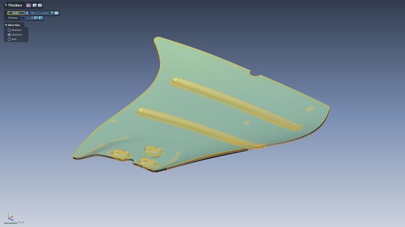 Mit der Funktion „Thicken“ wurde die Ventilatorflügeloberfläche aufgedickt und mit den drei Zylindern der Aufnahmebohrungen verschnitten. (Archiv: Vogel Business Media)