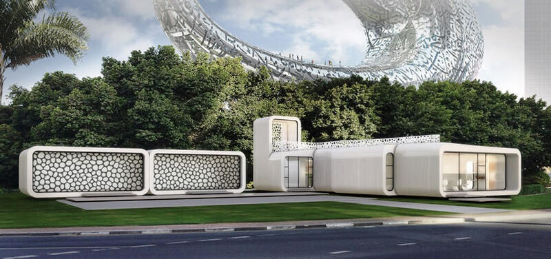 Das Bürogebäude aus dem 3D-Drucker soll in unmittelbarer Nähe vom Museum of the Future (hinten) gebaut und von dessen Mitarbeitern genutzt werden. (Bild: Museum of the Future)