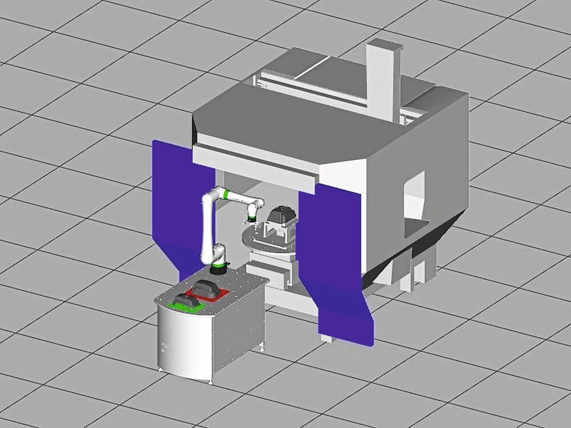 Simulation einer Lösung mit maximaler Flexibilität: Ein mobiler Cobot be- und entlädt automatisiert mehrere Maschinen abwechselnd. (Bild: HG Grimme SysTech)