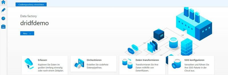 Die Startseite des „Azure Data Factory“-Studios. Die Startseite des „Azure Data Factory“-Studios.
