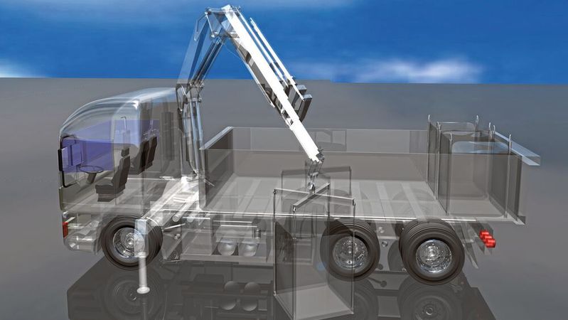 Ladekräne von Lkw werden heute über den Dieselmotor angetrieben. Der elektro-hydraulische Power-Take-off „eh-PTO“ eines elektrifizierten Lkw hängt dagegen direkt an der Batterie. Ladekräne von Lkw werden heute über den Dieselmotor angetrieben. Der elektro-hydraulische Power-Take-off „eh-PTO“ eines elektrifizierten Lkw hängt dagegen direkt an der Batterie.