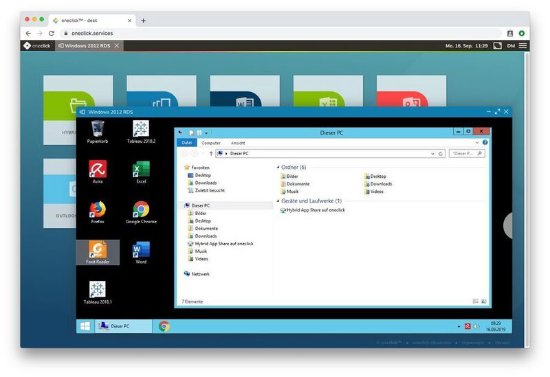Hinter der Demo-Applikation „Windows 2012 RDS“ befindet sich ein Windows Server, dessen Desktop oneclick in den Browser streamt. Für den Schnellzugriff lassen sich App-Kacheln per Drag-and-Drop auf den eigenen Desktop ziehen. (oneclick)