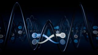 Im Swap-Gatter werden benachbarte Qubit-Zustände (blau und beige) miteinander vertauscht. Die Qubits bestehen aus kalten Atomen, die in einem künstlichen Kristall aus Laserlicht gefangen sind. (Bild: Mika Blackmore-Esslinger / ETH Zürich)