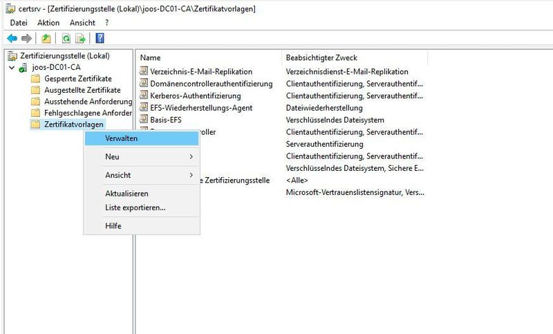 In der Verwaltungskonsole der Zertifizierungsstelle lassen sich auch die Vorlagen verwalten. (Th. Joos)