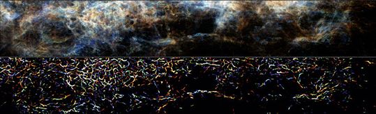 Atomare Wasserstoffemission eines Ausschnitts aus der THOR-Durchmusterung (oben) und zugehörige fadenförmige Strukturen um das Magdalena-Filament (unten). Die Farben stellen die Emission bei drei Radialgeschwindigkeiten dar Atomare Wasserstoffemission eines Ausschnitts aus der THOR-Durchmusterung (oben) und zugehörige fadenförmige Strukturen um das Magdalena-Filament (unten). Die Farben stellen die Emission bei drei Radialgeschwindigkeiten dar