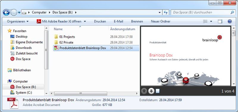 Brainloop Dox lässt sich als verschlüsseltes Verzeichnis in Windows integrieren und synchronisiert sich mit der Cloud. (Bild: Brainloop)