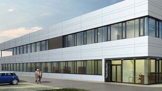 Vorderansicht des geplanten Logistikzentrums mit Technikum (Rendering) (Freudenberg)