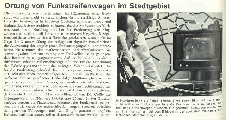 1971: Die Polizei in Nürnberg kann dank eines neuen Ortungssystems die Position eines jeden Streifenwagens auf dem Bildschirm sehen. (VBM)