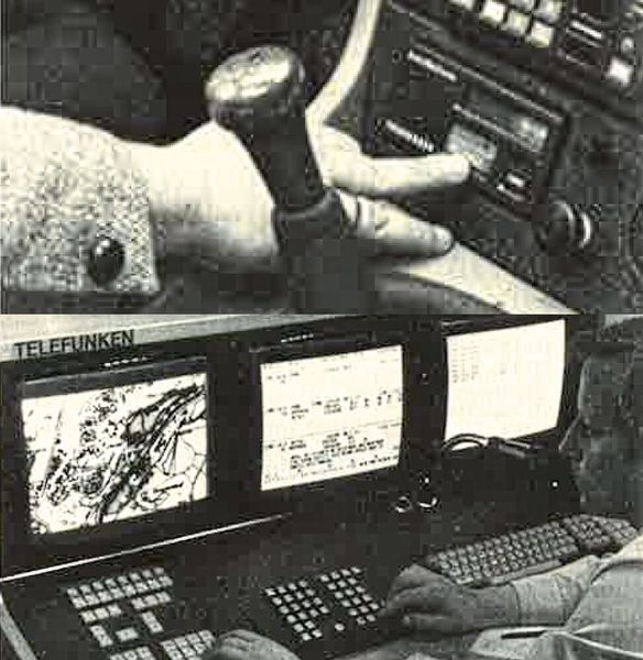 1980 – das AutoNotfunk-System wird vorgestellt: Mit dem AutoNotfunk-System von AEG-Telefunken kann bei einem Unfall aus dem Pkw per Knopfdruck ein Funknotruf gesendet werden. Mehrere über das Bundesgebiet verteilte Peilstationen peilen den Pkw an und leiten den Standort an die Rettungsleitstelle, die Hilfsmaßnahmen einleitet. Das AutoNotfunk-System ermöglicht überall und jederzeit den direkten Kontakt zwischen den Notmeldenden und der Rettungsleitstelle. Es besteht aus drei Systemkomponenten: Dem Bordgerät im Fahrzeug (oberes Bild), den Relaisstellen (Peilstationen) und den Rettungsleitstellen (unteres Bild). Das AutoNotfunk-System benötigt bundesweit nur drei Funkkanäle im 470-MHz-Bereich: Über den ersten Funkkanal werden nur digitalisierte Notmeldetelegramme abgesetzt, er ist also praktischimmer frei. Über den zweiten Funkkanal spricht der Disponent in der Rettungsleitstelle den Notmeldenden direkt an, und über den dritten Funkkanal kann der Verkehrsteilnehmer der Zentrale antworten.  (Bild: AEG-Telefunken)