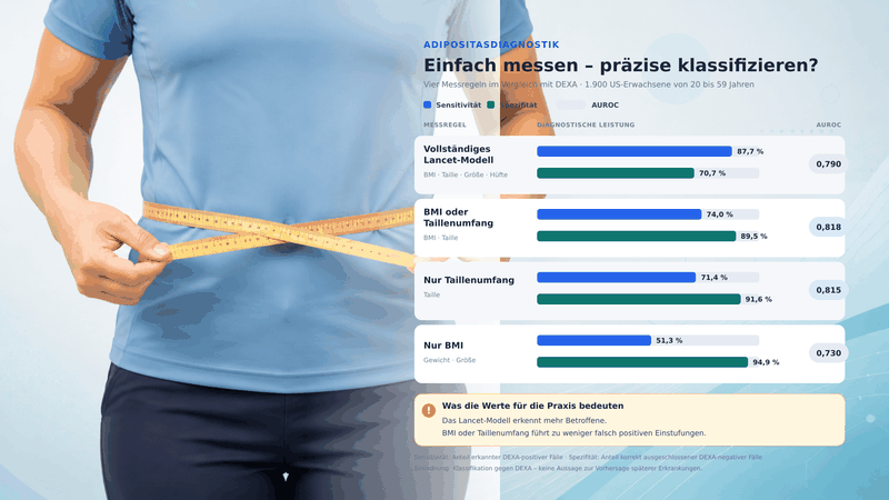Der Taillenumfang erfasste in der Studie einen Großteil der diagnostischen Information. Grundlage war eine Sekundäranalyse von NHANES-Daten aus den Jahren 2017/2018 mit 1.900 nicht schwangeren US-Erwachsenen im Alter von 20 bis 59 Jahren. Fünf Adipositasdefinitionen wurden mit DEXA-Grenzwerten für den Körperfettanteil verglichen. Die Regel „BMI oder Taillenumfang“ erreichte eine höhere Trennschärfe als das vollständige Lancet-Modell; der Taillenumfang allein lag nahezu gleichauf.(Bild:  Guido Deußing, nach Visaria et al., JAMA Network Open 2026;9(8))