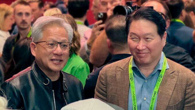 Jensen Huang, CEO of Nvidia (left) and Tae-won Chey, Chairman of SK Group (right) together at the Nvidia event GTC 2026.(Image: SK Group)