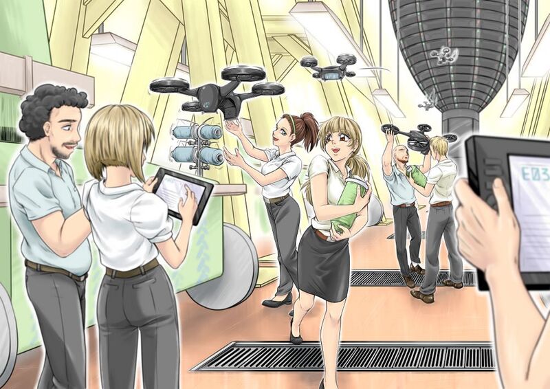 Die Animation zeigt die Vision einer Fabrik der Zukunft. Mensch und Drohne arbeiten Hand in Hand. (digital worx GmbH)