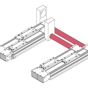 Modul 160/15 GPA mit der gängigsten Motoranbauvariante. Durch die Verbindungswellen (in rot) werden die Bewegungen der Schlittenpaare synchronisiert.(Bild:  IEF-Werner)