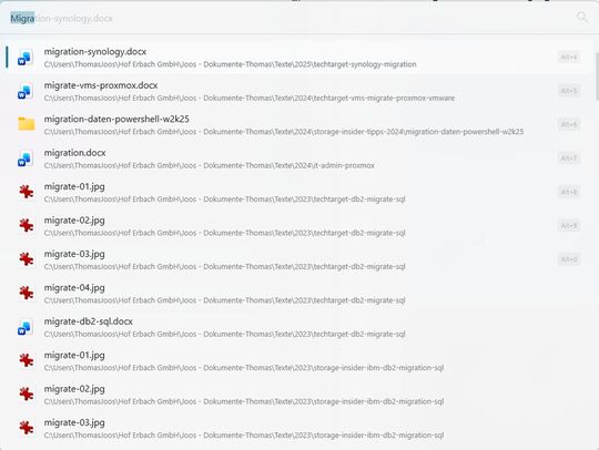 Die Suchoberfläche liefert Treffer aus Dateisystem und Dokumentinhalten in Echtzeit und ermöglicht den direkten Zugriff auf Dateien innerhalb lokaler Verzeichnisse.(Bild:  Joos – Flow Launcher)