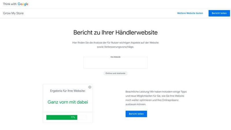MIt „Grow my Store“ kann ein individueller Bericht über die Online-Präsenz des Unternehmens erstellt werden. (Google)