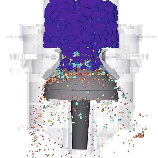 Simulation der Partikelzerkleinerung auf einem Brecher, der Zerkleinerungsgrad wird durch die unterschiedlichen Farben dargestellt. Simulation der Partikelzerkleinerung auf einem Brecher, der Zerkleinerungsgrad wird durch die unterschiedlichen Farben dargestellt.