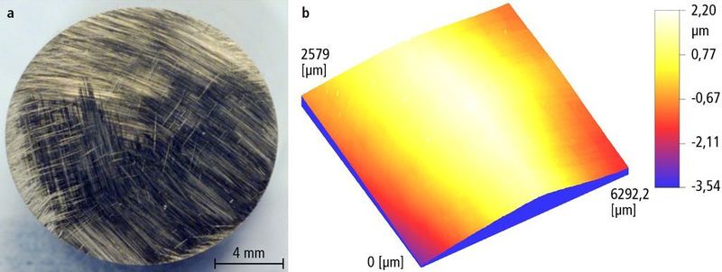 Bild 1: Bearbeitungsspuren auf der Proben¬oberfläche des Werkstoffs Cermet HT2. a fotografierte Oberfläche, b, weißlichtmikroskopische Aufnahme  (Bild: ISF)