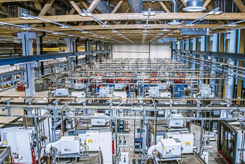 Blick in eine der neuen Fertigungshallen in Kreckelmoos, in der HM-Wendeschneidplatten geschliffen werden. An den Schleifmaschinen befinden sich Hebestationen von Knoll, die das Medium über die Decke zur Reinigungsanlage pumpen. (Bild: Ceratizit)