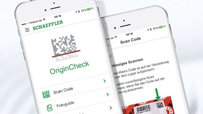 Schaeffler verwendet Data-Matrix-Codes (DMC) nach GS1-Standard. Führt die Prüfung des DMC zum Verdacht, es könne sich um eine Fälschung handeln, kann der Nutzer mit Hilfe der App direkt weitere Schritte zur eindeutigen Klärung anstoßen. (Schaeffler )