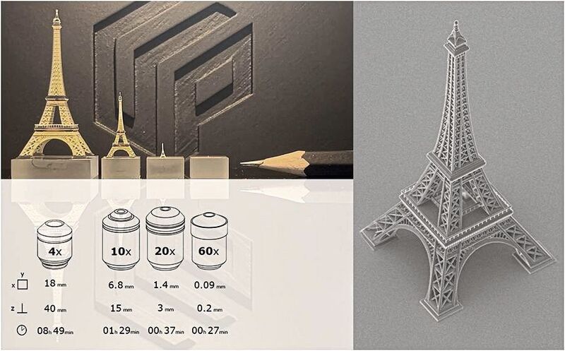 Vier im 2PP-Verfahren hergestellte Eiffelturmmodelle im Größenbereich von 200 µm bis 4 cm Höhe, mit exakter Wiedergabe aller feinsten Details, die nicht mehr als 30 bis 540 min für die Produktion benötigten. (Up Nano)