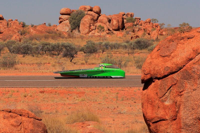 Team Top Dutch Solar Racing's care Green Lightning had an average speed of 78.4 km/h and finished on place four in the Challenger Class. (World Solar Challenge)
