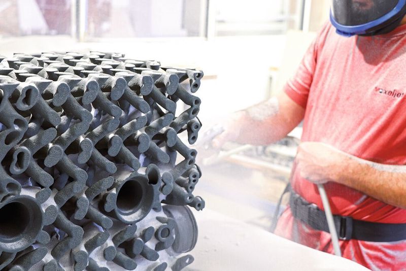 Nachbearbeitung des additiv gefertigten Teilstücks der Meristem Wall bei Voxeljet. (voxeljetAG)