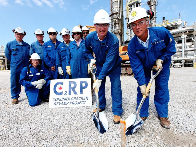 Initial groundbreaking for Corunna Revamp Project. Scott Randall, Project Team Leader and Tom Thompson, Manufacturing Leader in front. (Picture: Nova Chemicals)