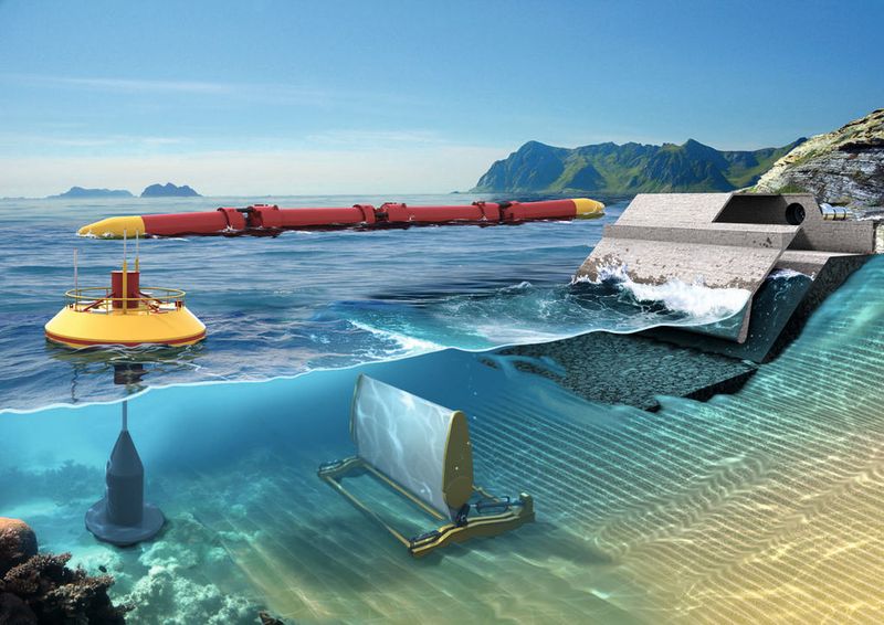 Zur Nutzung der Wellenkraft stehen verschiedene Konzepte zur Verfügung: Schwimmkörper wie der Wellenenergie-Konverter, Bojen, oszillierende Klappen oder Gezeitenkraftwerke. (Schaeffler)
